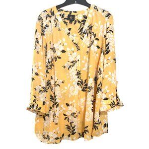 Jm Collection Women's Size 3X Yellow Floral-Print Roll-Tab-Sleeve Shirt Blouse